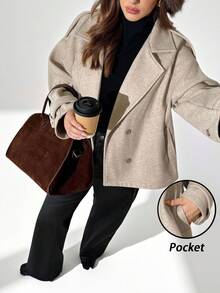 Auralis Áo khoác đi làm thường ngày cỡ lớn cài hai hàng khuy có cổ khoét, mùa thu - Màu Khaki - Xem 1