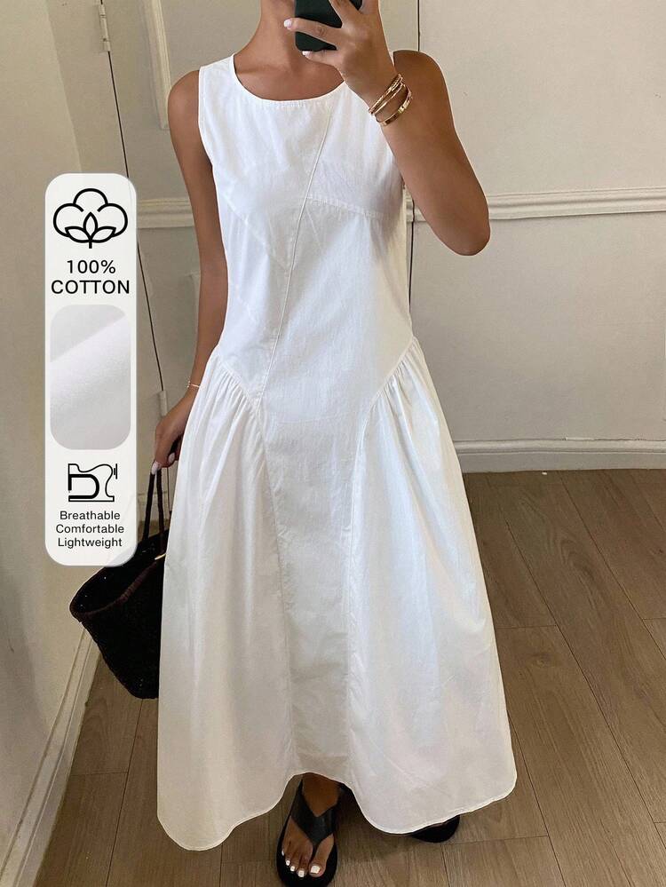 Women's Solid Color Fitted Round Neck Sleeveless Split Casual Dress, Autumn