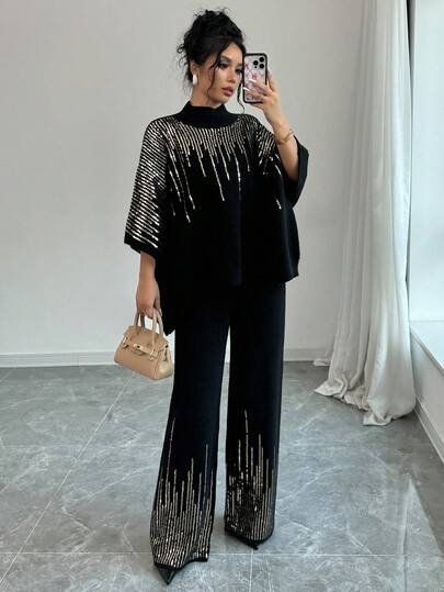 SHEIN PETITE Autumn/Winter Turtleneck Sequin Batwing Sleeve Wide Leg Pants Set