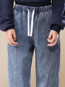 SUMWON 棉质宽松青年牛仔慢跑裤经典街头风弹力踝靴男童休闲裤，腰部抽绳，阔腿设计，适合秋冬 - 藍色 - 查看 6