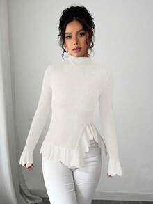 Selianne Áo thun cổ lọ tay dài màu trơn tối giản ôm sát viền bất đối xứng dành cho nữ - trắng - Xem 4