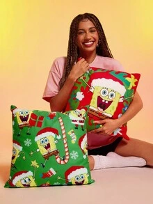 SpongeBob SquarePants | SHEIN 1 件圣诞枕套（不含枕芯），45*45 厘米，毛绒面料，柔软舒适，适用于家居装饰、汽车 - 彩色 - 查看 2