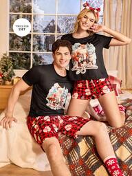 CoupledUp Men's Santa Claus & Reindeer Print Short Sleeve Top & Shorts Pajama Set, Christmas