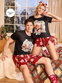 CoupledUp Men's Santa Claus & Reindeer Print Short Sleeve Top & Shorts Pajama Set, Christmas - Multicolor - View 1