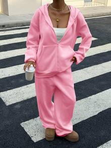 Muchica Women's Casual Loose Fit Pink Hoodie Set, Autumn - Pink - View 5