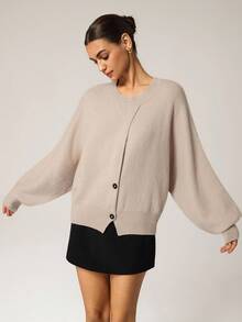 Hanevo 女士时尚下摆修身套头衫，秋冬 - 杏色 - 查看 4