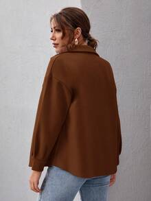 SHEIN Essnce 女式纯色落肩长袖单排扣休闲大衣，秋冬 - 棕色 - 查看 3