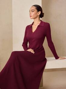 Graceveil Women's Solid Color V-Neck Long Sleeve Elegant Knitted Dress, Autumn - Burgundy - View 7