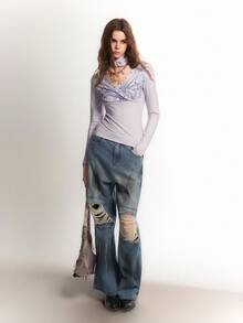 Bloopia Bloopia Ligero Ciberpunk Casual Versátil Reducción de Personalización Otoño/Invierno Halloween Nuevo Estilo Remache Patchwork CHOKER Impresión Digital de Espinas Oscuras Ajuste Ceñido Cuello en V Manga Larga Suéter de Punto