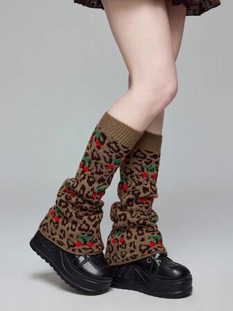 Grunge Punk 1 par de calentadores de piernas de pata ancha con estampado de corazón de leopardo rosa y negro, y estampado de cereza en la Bottom