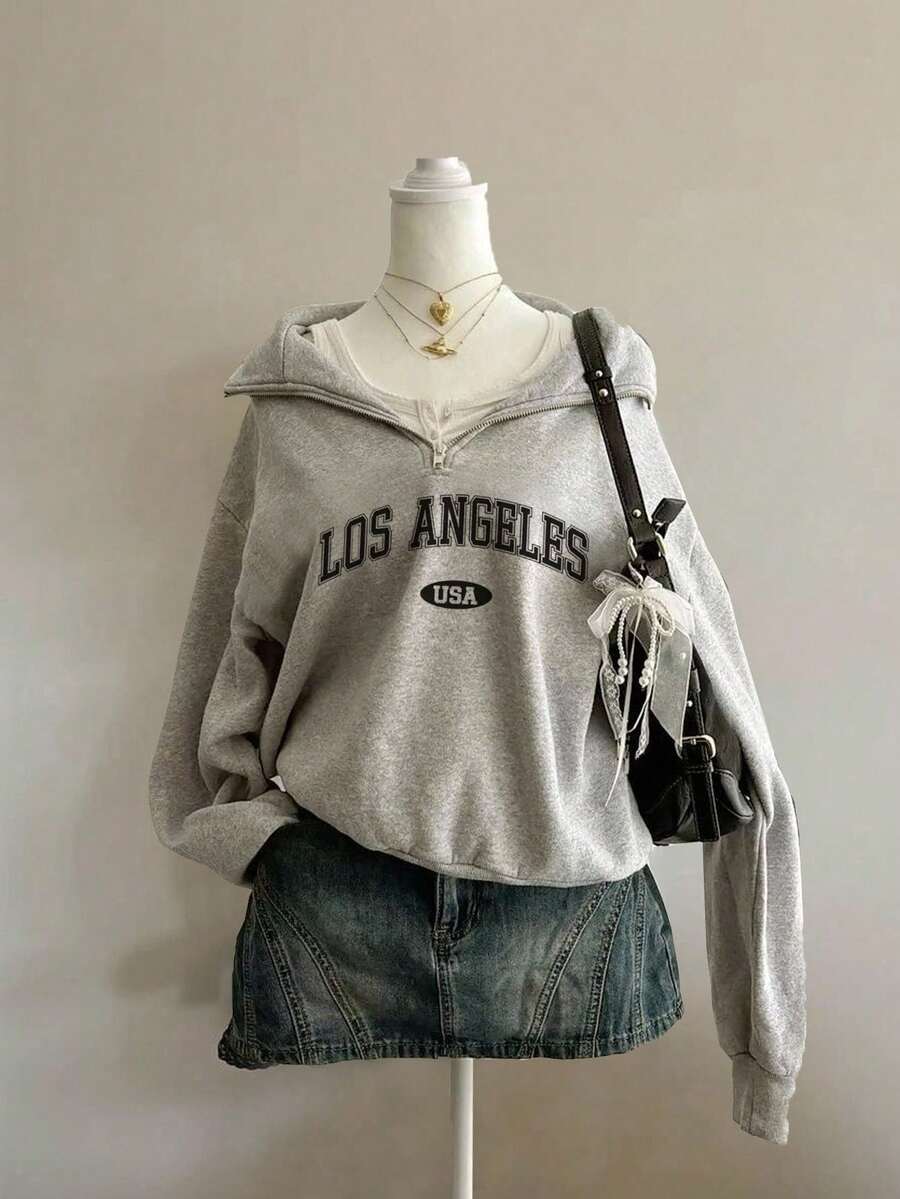 SHEIN 青少年女孩灰色针织字母印花休闲舒适百搭运动高领半拉链保暖衬里运动衫 - 灰色 - 查看 1