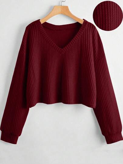 SHEIN Unity Casual Solid Color Loose Cropped V-Neck Long Sleeve T-Shirt For Women