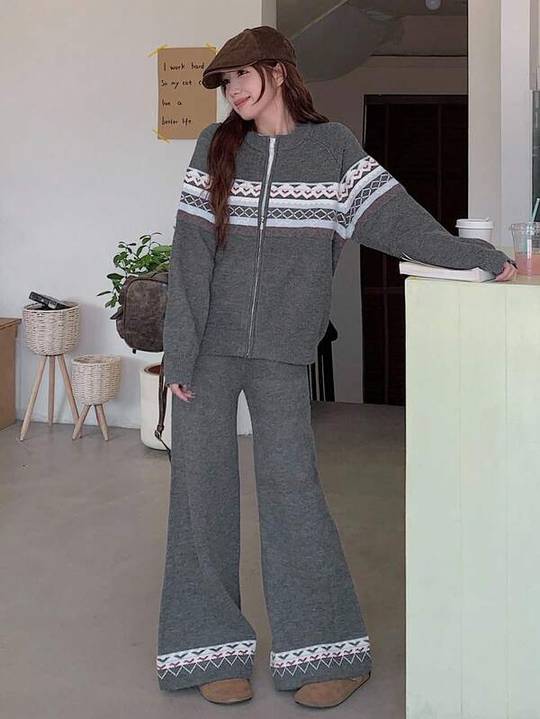 DAZY Conjunto casual de 2 piezas de mujer con cárdigan de punto de manga raglán con patrón geométrico a rayas y pantalones de punto, otoño