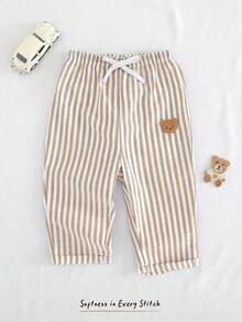 Cozy Pixies Baby Boy Elastic Waist Casual Pants With Decorative Ribbon, Comfortable & Versatile Fall