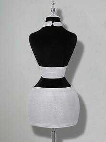 SHEIN ICON Women's Solid Color Hollow Out Glitter Fabric Halter Top And Low Waist Mini Skirt 2 Pieces Set - Silver - View 2