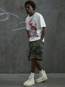 Manfinity Roghcode 男士街头风格超大粉色图案印花嘻哈 T 恤 - 白色 - 查看 6