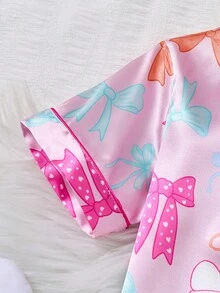 2 件套年轻女孩粉色府绸蝴蝶结印花上衣和裤子套装，休闲家居服儿童夏装套装儿童服装套装女童夏装套装小女孩服装套装儿童服装套装假日旅行休闲夏装