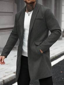 Manfinity Homme 男士纯色口袋纽扣长袖大衣，秋冬款 - 深灰色 - 查看 4