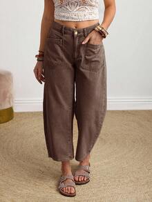 SHEIN PETITE Women's Casual Wide Leg Straight Button Pocket Jeans - Brown - View 7