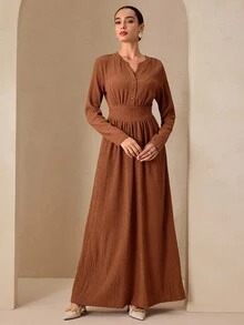 Graceveil 秋季棕色针织纹理面料腰带设计褶饰优雅长款毕业礼服 - 棕色 - 查看 6