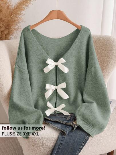 CosyJoli Women's Plus Size Bowknot Back Knitted Sweater, Fashionable & Comfortable Versatile Pullover For Autumn/Winter