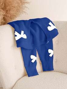 SHEIN Cottnline Plus Size Bow Jacquard Pattern V-Neck Long Sleeve Casual Knit Sweater - Royal Blue - View 5