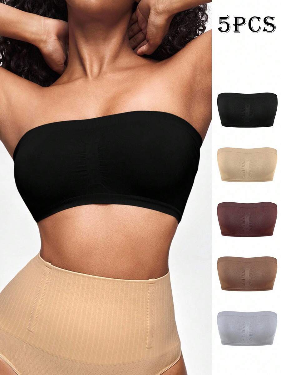 SHAPORA 5pcs/Set Seamless Solid Color Pleated Bandeau Bras For Women - Multicolor - View 1