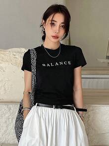 DAZY Áo thun nữ ngắn tay in chữ cho mùa hè - màu đen - Xem 11