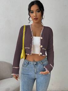 EMERY ROSE 女士秋季落肩长袖单排扣短款休闲优雅开衫 - 咖啡棕 - 查看 6