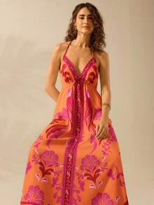 CAJUNI 女士度假热带波西米亚蓝白花卉鹦鹉印花吊带系带休闲海滩夏季长裙 - 彩色 - 查看 5