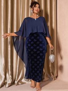Cravure Plus Size Women's Elegant Round Neck Velvet Embossed Fitted Mermaid Formal Dress - Blue - View 5