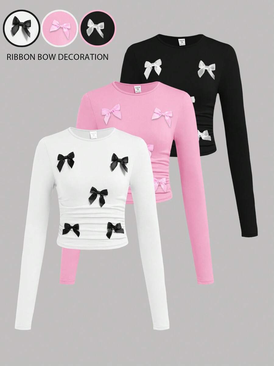 SHEIN 3pcs/Set Tween Girl Fitted Casual Solid Color Handmade Ribbon Bow Crew Neck Ruched Long Sleeve T-Shirts,Cute School White Winter Fall Pink Black Tops - Multicolor - View 1