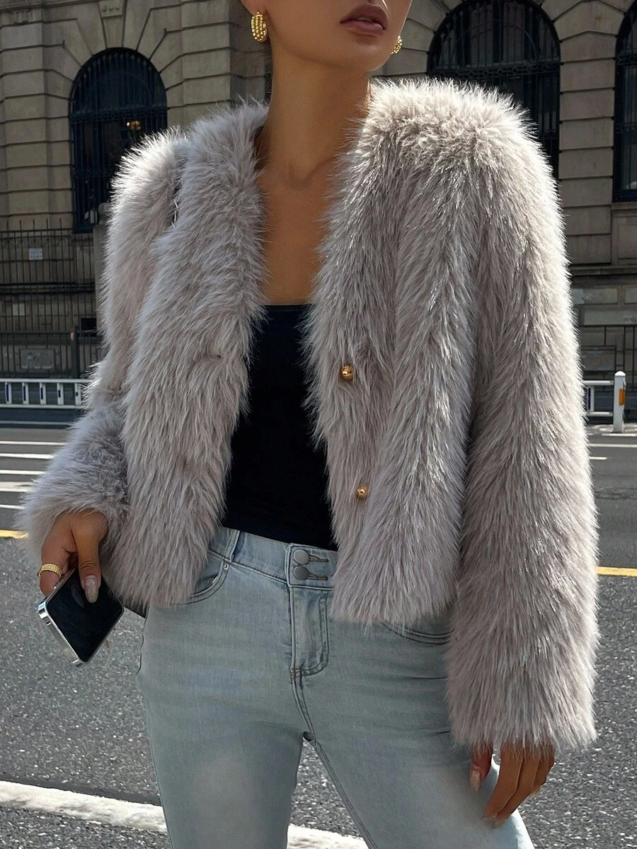 DAZY Women's Solid Color Cropped Jacket, Fashionable For Commuting, Autumn/Winter Y2k - Light Grey - View 1