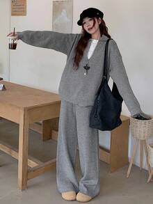 DAZY Setelan Kasual 2 Potong Wanita Warna Polos Lengan Panjang Model Bahu Longgar dan Celana Rajut, Musim Gugur - Grey - View 3