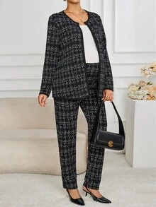 SHEIN 2pcs Maternity Plaid Long Sleeve Cardigan And Pants Casual Outfit, Autumn