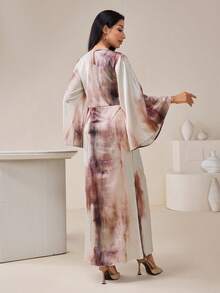 Veilorie 女士扎染印花圆领喇叭袖修身鱼尾下摆优雅阿拉伯风连衣裙 - 卡其色 - 查看 4