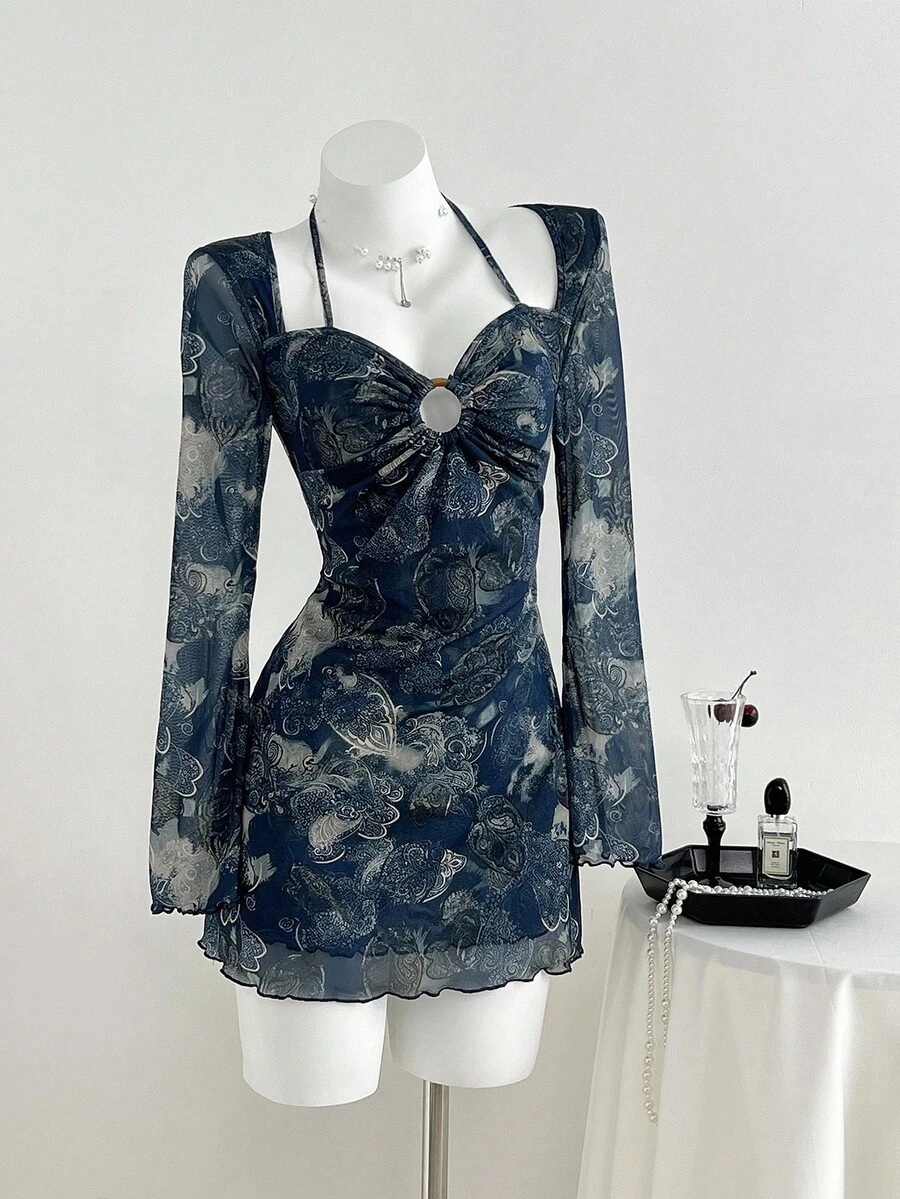 Elamini Váy ngắn ôm sát họa tiết hoa Paisley và hạt điều thường ngày dành cho nữ, mùa thu - Màu xanh lam - Xem 1