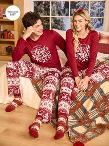 CoupledUp Conjunto de pijama de hombre con estampado de elementos navideños, pantalón y sudadera de manga larga, ropa de otoño e invierno - Burdeos - Ver 1