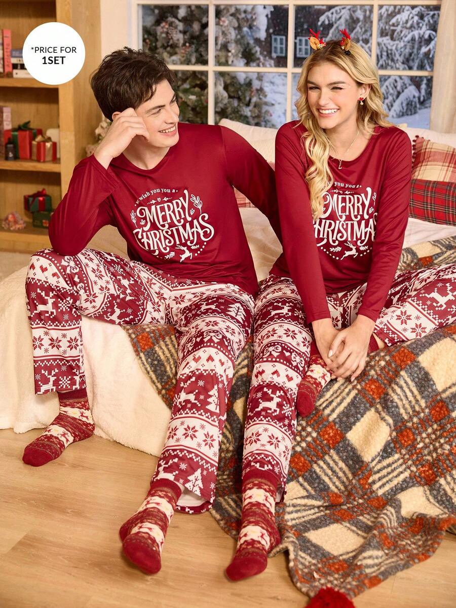 CoupledUp Conjunto de pijama de hombre con estampado de elementos navideños, pantalón y sudadera de manga larga, ropa de otoño e invierno - Burdeos - Ver 1