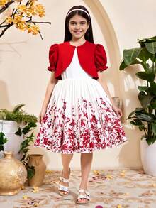 SHEIN 2pcs/Set Tween Girls Valentine's Day Floral Print Ruffle Dress With Puff Sleeve Cardigan, & Elegant, Spring/Summer - Multicolor - View 4