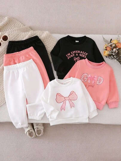 6 件套女婴舒适休闲针织可爱蝴蝶结和字母印花圆领长袖上衣和裤子套装，适合春秋冬季日常穿着