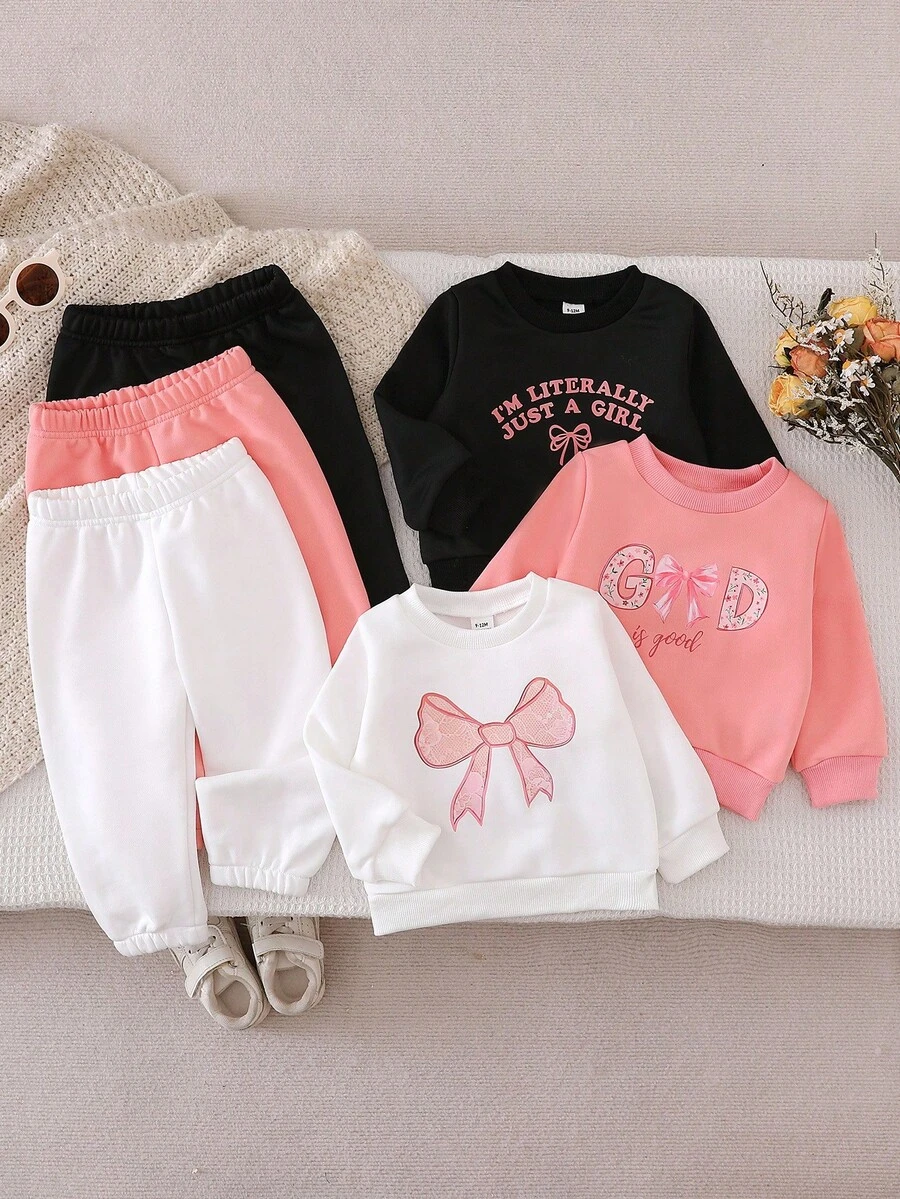 6 件套女婴舒适休闲针织可爱蝴蝶结和字母印花圆领长袖上衣和裤子套装，适合春秋冬季日常穿着 - 彩色 - 查看 1