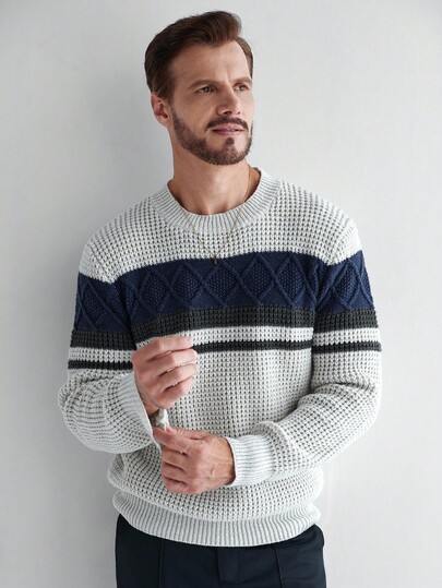 Manfinity CityGents Jersey de cuello redondo de manga larga y ajuste holgado informal para hombre, otoño e invierno