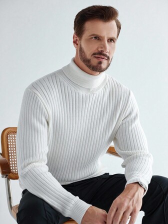 Manfinity CityGents European & American Blogger Style 3D Ribbed Solid Color Casual Slim Fit Sweater, White Turtle Neck Sweater, Fall Winter