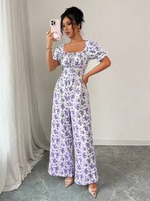 Rafferiza 女士优雅度假束腰花卉印花连体裤花卉紫色花卉连体裤夏季夏季花卉连体裤 - 紫色 - 查看 4