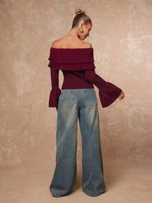 Lumalex Burgundy,Autumn,Elegant,Dinner Date Women's Off-Shoulder Ruffle Flare Sleeve Bodycon Sweater With Metal Button Decor,Tight Fitting Low Waist Pullover - Burgundy - View 8