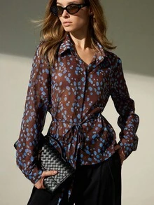 Aveloria Modichic Áo sơ mi chấm bi xanh ngẫu nhiên, thiết kế cổ áo cổ điển, dây rút ở eo để điều chỉnh vừa vặn, phù hợp với nhiều dịp - Màu nâu Sô-cô-la - Xem 5