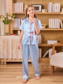 SHEIN 女童仿丝条纹小猫印花开衫睡衣套装 - 藍白色 - 查看 3