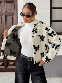 Chiquease Áo khoác lông cừu Teddy nơ kiểu Pháp dành cho nữ - Màu be - Xem 7