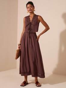 Travachic 2 件套女士纯色梭织无袖背心和宽松腰裙，度假装 - 棕色 - 查看 3